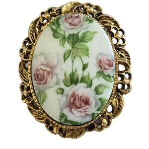 Vintage Rose Brooch Pendant Antiqued Gold Tone Filigree Cottagecore Victorian